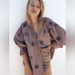 Zara Embroidered Checkered Top 3/4 Sleeve